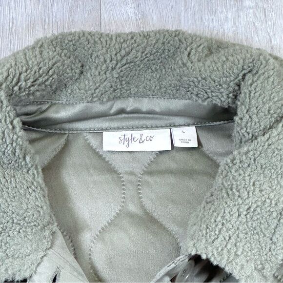 Women's Green Quilted Mixed Media Fleece Trim Jacket L - Picture 4 of 9